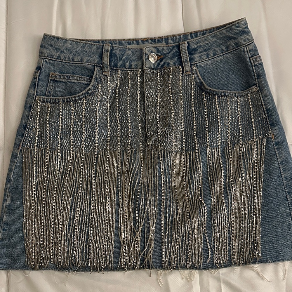 Topshop Blue Denim Mini Skirt with Silver Beaded Fringe